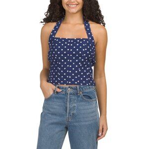 MIDNIGHT SKY Navy Linen Blend Polka Dot Halter Top